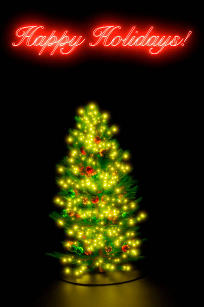 Christmas tree ornate lighting ornament with integrated text typography Happy holidays render 3D
