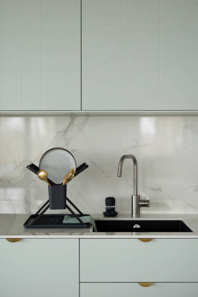 istock Sage green kitchen marble timeless interior design black sink dish rack 2166507066