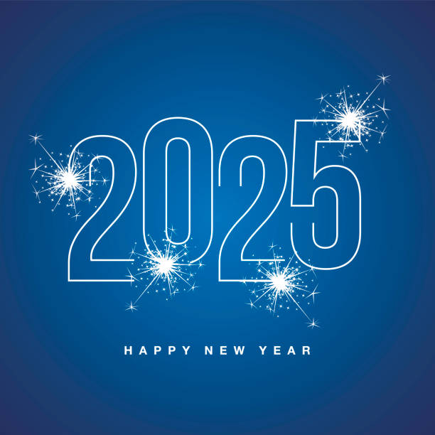 selamat tahun baru 2025 garis neon cahaya putih bersinar tipografi dengan kembang api berkilau pada warna biru logo ikon latar belakang terisolasi - tahun baru ilustrasi stok