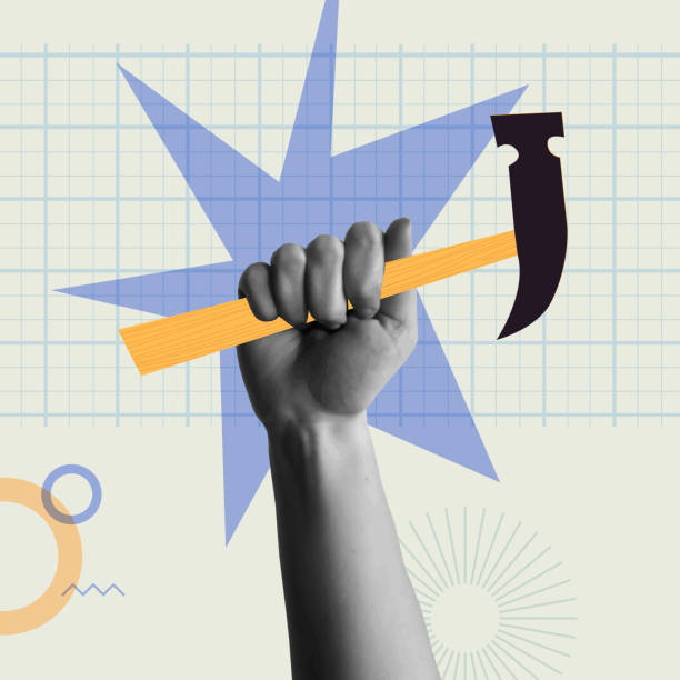 Human hand holding a hammer in retro collage vector illustration Human hand holding a hammer in retro collage mixed media vector illustration. Concept for carpenter, work tool, remodeling, cosntruction industry and hard work. arm hammer stock illustrations