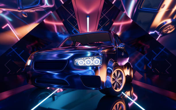 istock Car in the dark neon tunnel, 3d rendering. 2166525332