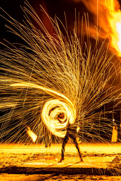 Fire artists perform spectacular and thrilling manoeuvres,fire breathing and flame eating,in front of spectators on the beach.Whirling,throwing and spinning large sticks,with roaring flames from ignited petroleum on either end,and dancing on the sand..