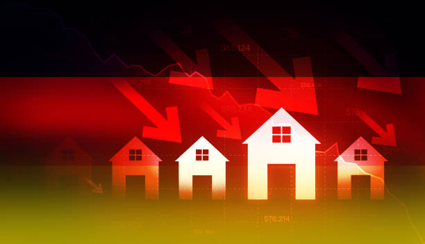 istock Germany real estate market going down concept with glowing houses and arrows, backgrond 2166527981