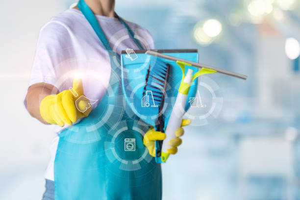 istock The cleaner clicks on the cleaning icon on the virtual screen. 2166531055