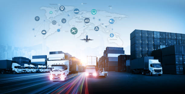 istock World map with logistic network distribution on background. Logistic and transport concept in front Logistics Industrial Container Cargo freight ship for Concept of fast or instant shipping, Online goods orders worldwide 2166532806