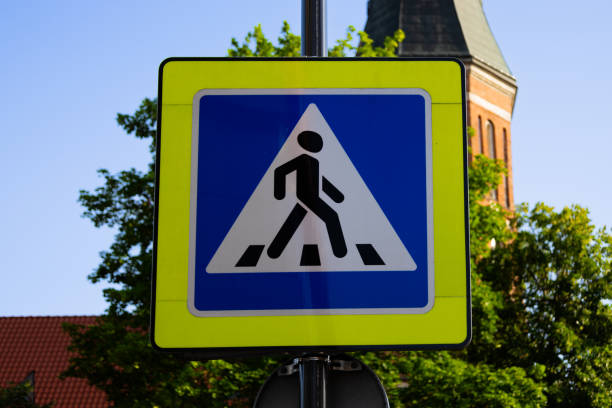 istock Zebra crossing, pedestrian cross warning traffic sign 2166534385