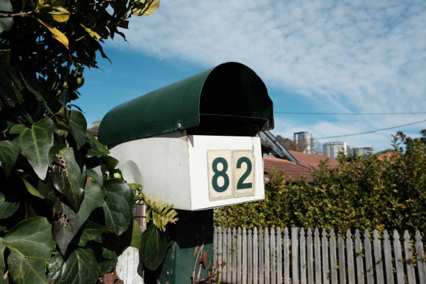 Green and white metal mailbox on a pole amongst plants with the number 82 on it.