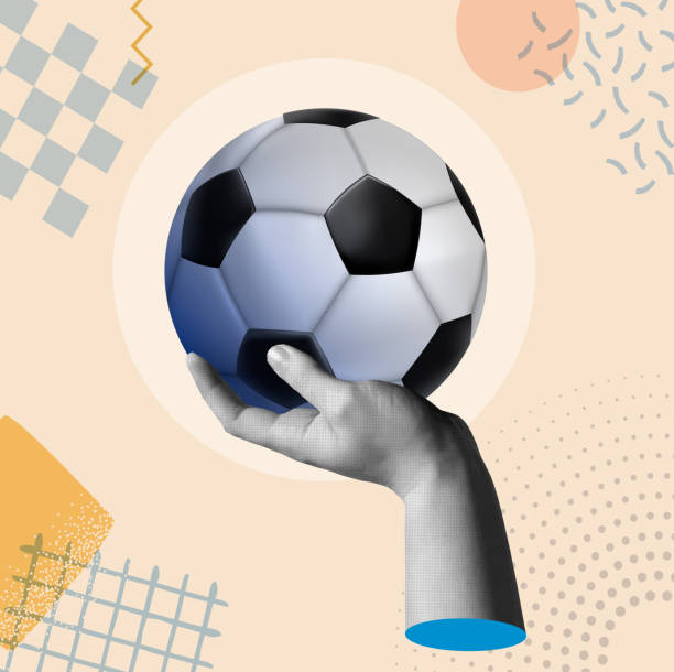 Human hands holding a a soccer ball in retro halftone collage mixed media vector illustration. Concept for football championship, team sport, world cup and champion league.