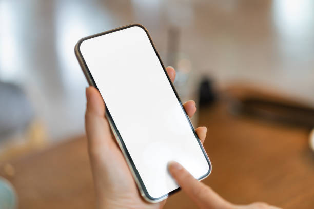 istock Human working on modern smartphone with blank white mobile screen for advertising, mockup, technology, advertising, search information, creative design, social media, online marketing, chat, phone 2166547834