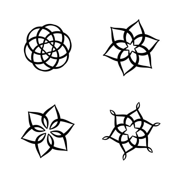 Mandala Flower Icon Set Modern-looking black and white mandala, designed of simple overlapping shapes, 6 overlapping petals. honeycombs clip art stock illustrations