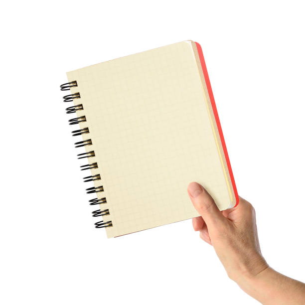 Close-up of hand holding a blank spiral notebook on white background.