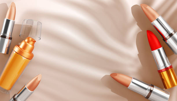 istock Makeup cosmetic beauty products on beige background with palm leaf shadow top view 3d render mockup banner. Red and nude lipstick tubes, foundation gold pump bottle, poster template 2166555036
