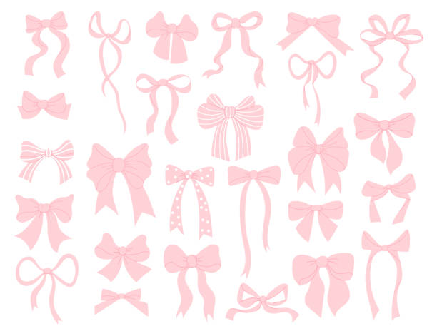illustrations, cliparts, dessins animés et icônes de collection de noeuds de ruban rose à l’esthétique coquette mignonne. éléments vintage girly isolés. illustration vectorielle. accessoires de coiffure fille tendance - flirter
