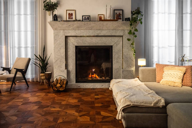 istock Elegant Living Room Interior with Cozy Fireplace 2166571760