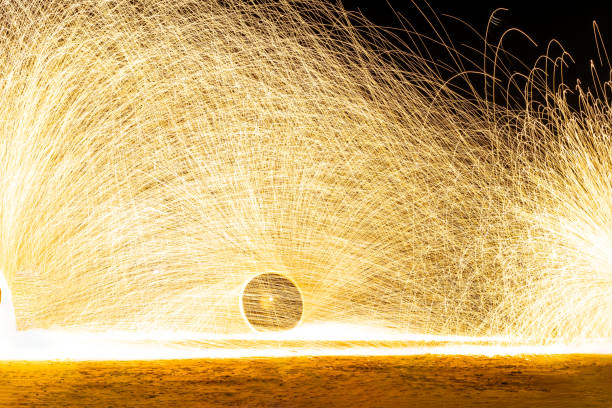 Fire dancers show swing dancing show fire with flame show on the beach dance man juggling with fire in Thailand.