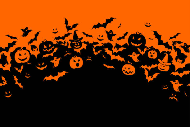 halloween banner with black bats, pumpkins and ghosts on the orange background. illustration with text. - kengerian ketakutan foto ilustrasi stok