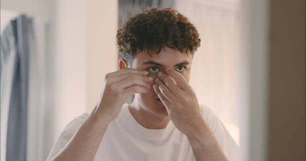 istock Man Applying Under Eye Patches in Mirror. 2166582235