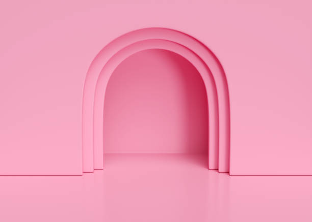 istock Pink pastel studio room interior background with arch window in wall. 3d render illustration 2166583626