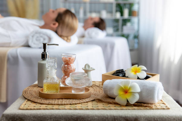 Aromatherapy massage ambiance or spa salon composition setup. Quiescent
