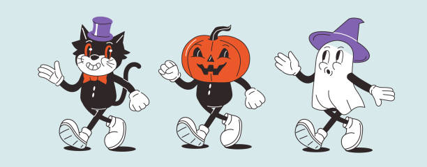retro halloween Retro Halloween characters set. Cartoon comic cat, pumpkin and ghost collection. Vector illustration. spooky cat stock illustrations