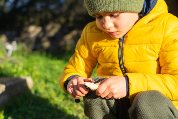 istock Boy scout learning survival. Boy cutting a stick with a knife in nature 2166592912