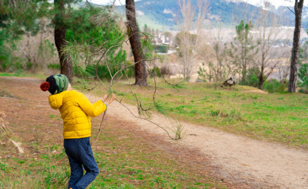 Unrecognizable child playing with some branches in nature on a cold day with copy space