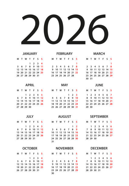 Calendar 2026 - illustration. Week starts on Monday. Calendar Set for 2026 year Calendar 2026 year - vector illustration. Week starts on Monday. Calendar Set for 2026 year 2026 stock illustrations