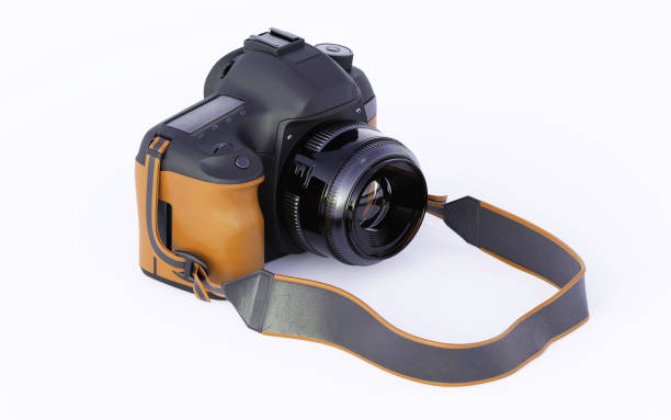 3d rendering illustration of modern travel camera with orange insert with belt isolated on white background with shadow