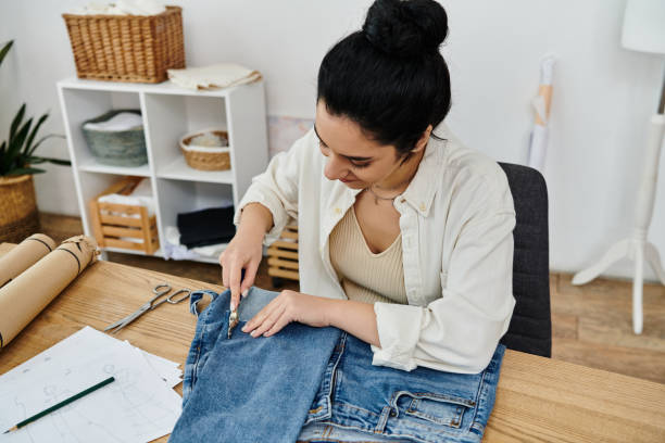 istock Young woman upcycles denim  in a bright, cozy workspace 2166595555