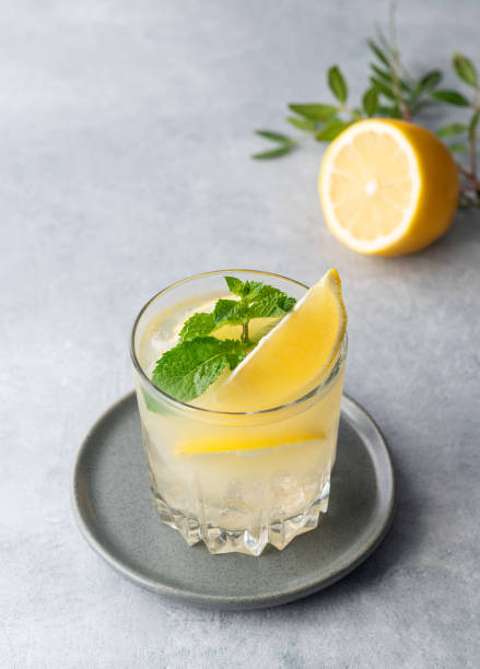istock Mojito cocktail with fresh lemon, mint and ice. Refreshing citrus lemonade drink on a light background. 2166598333