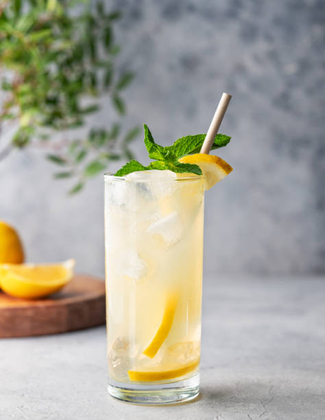 istock Freshness mojito drink with lemon, mint and ice. Citrus lemonade on a blue background with wooden board, leaf and fruits. 2166599680