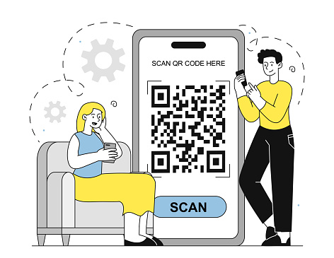 Someone Using Qr Code People With Qr Code Man And Woman With Smartphones Scanning Qr Code ...