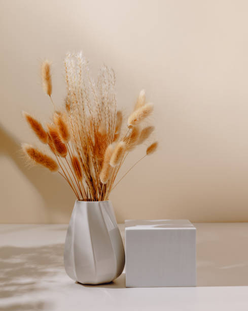 istock Geometric cube podium with elegant vase and pampas grass bouquet 2166602799
