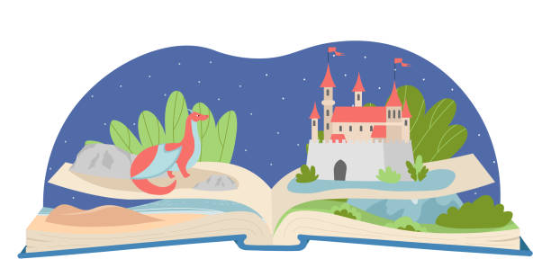 istock Fairy tale book. Fiction with dragon and ancient castle. Imagination and fantasy. History of kingdom in Middle Ages. Book for kids. Flat vector illustration 2166604022