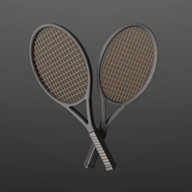 Black and gold tennis rackets on dark background. 3d-rendering