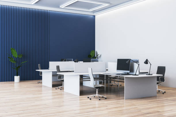 Empty, modern office interior with desks, chairs, and computers. Blue and white walls, wooden floor. Concept of business workspace. 3D Rendering