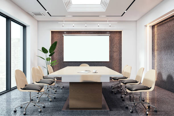 istock Modern conference room with large table and chairs, empty, bright city view. 3D Rendering 2166610329