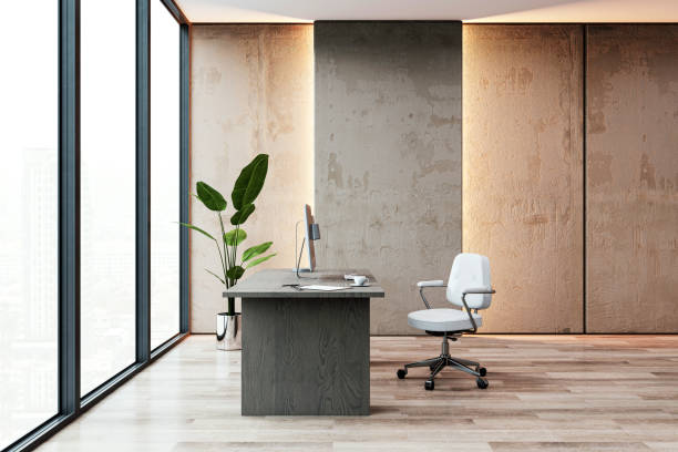 istock Modern office interior with desk and chair by large windows. 3D Rendering 2166610332