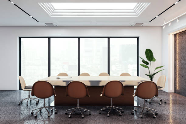 istock Modern conference room with large windows and city view. 3D Rendering 2166610333