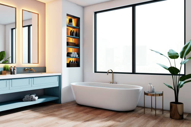 istock Modern bathroom interior with large window and wooden floor. 3D Rendering 2166610359