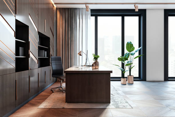 istock Modern private office with large windows and elegant furniture. 3D Rendering 2166610406