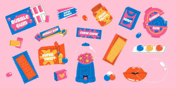 illustrations, cliparts, dessins animés et icônes de ensemble de chewing-gum coloré - chewing gum