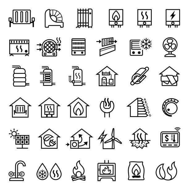 symbole für haus- und heizungssysteme und -geräte - wärmepumpe stock-grafiken, -clipart, -cartoons und -symbole