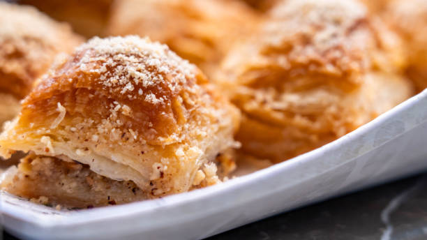 istock Layered mini bun with honey, cheese and nuts. Eastern snack 2166614728