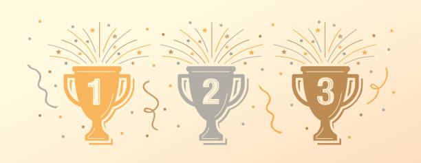 Gold, silver and bronze trophies with confetti, streamers and fireworks. First, second and third place. Celebration Awards. Vector illustration.