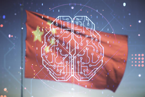 istock Virtual creative artificial Intelligence hologram with human brain sketch on Chinese flag and sunset sky background. Double exposure 2166619862