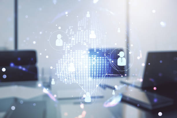 istock Social network concept with world map and modern desktop with computer on background. Multiexposure 2166620095