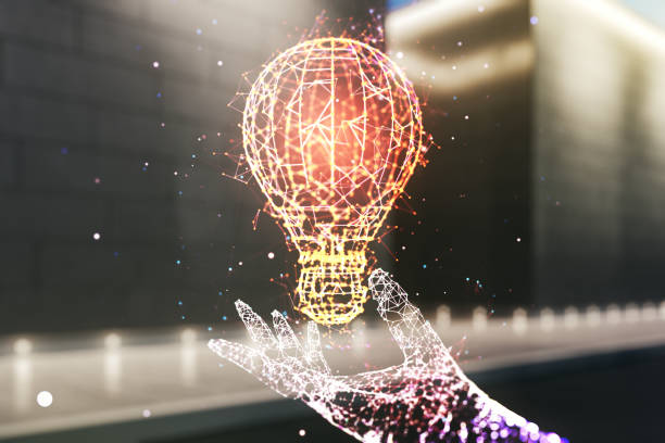 istock Abstract virtual light bulb illustration on blurry contemporary office building background, future technology concept. Multiexposure 2166620108