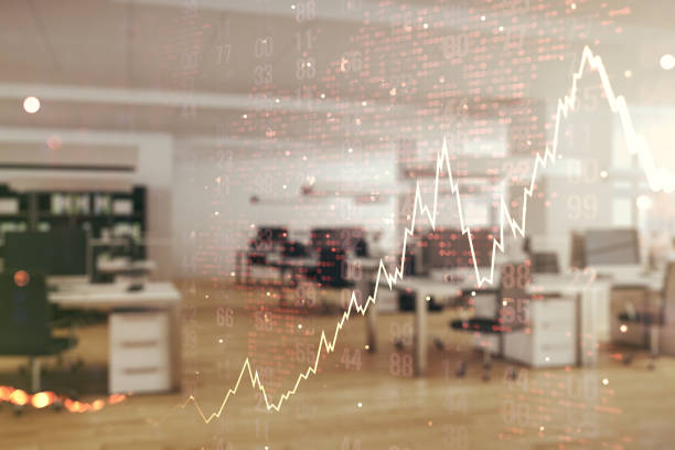 istock Double exposure of abstract creative financial chart hologram and world map on modern corporate office background, research and strategy concept 2166620180