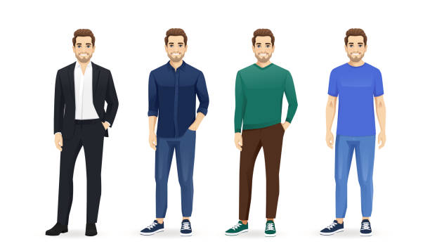 illustrazioni stock, clip art, cartoni animati e icone di tendenza di set di uomo in abito diverso - bello